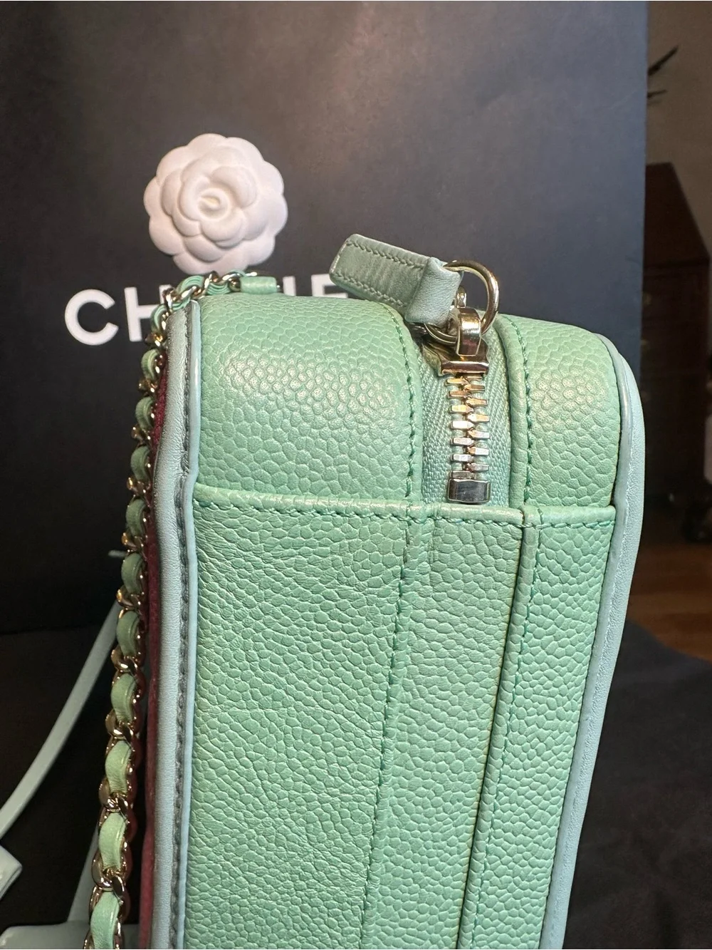 Chanel CC Filigree Small Vanity Case Pink Green Caviar Leather Crossbody